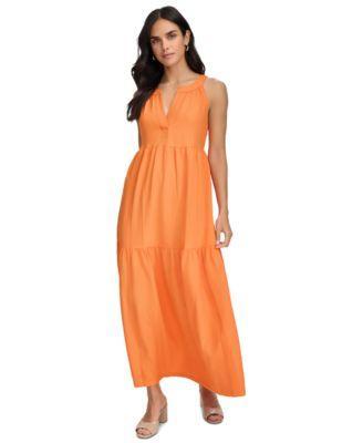 Women's Split-Neck Sleeveless Tiered Maxi Dress Product Image