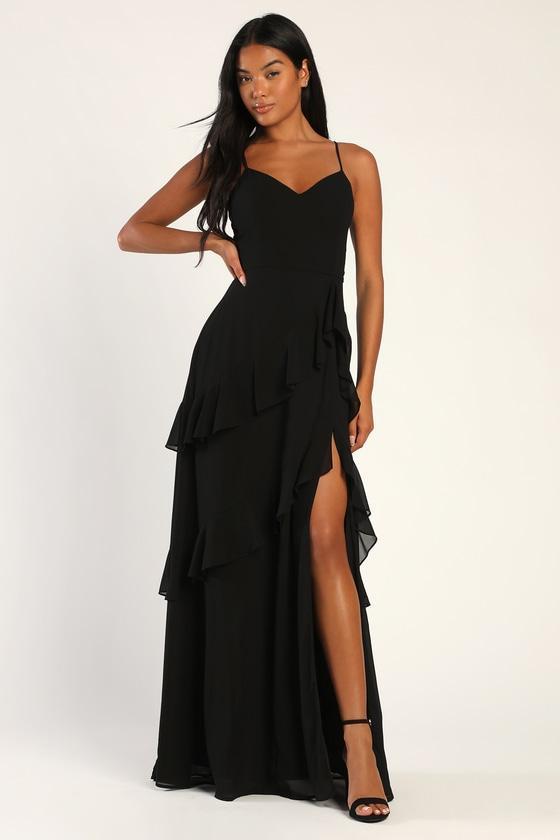 Blessed with Beauty Black Ruffled Sleeveless Maxi Dress Product Image