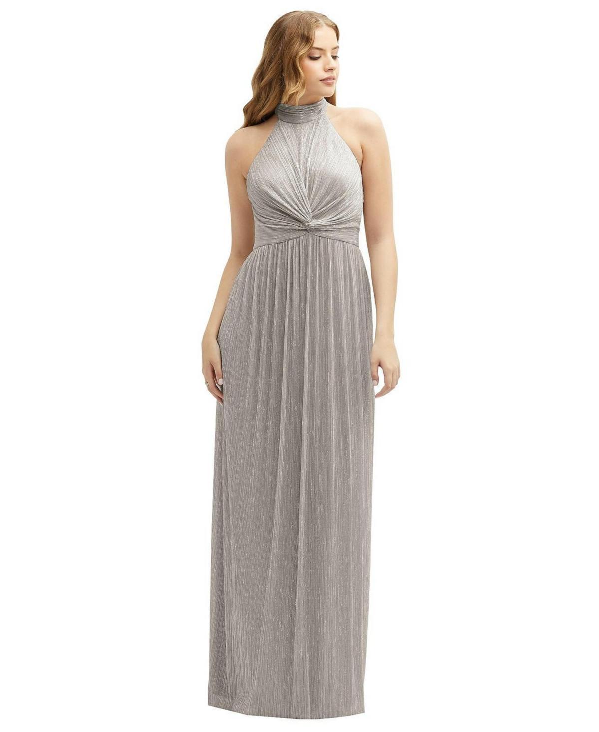 After Six Metallic Pleated Halter Column Gown Product Image