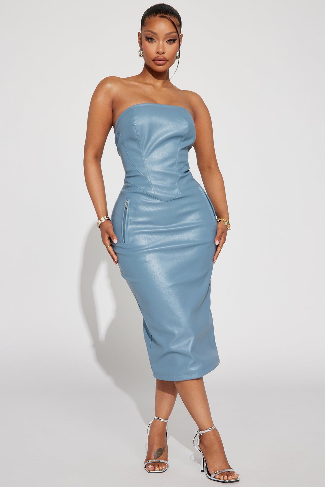 Harley Strapless Faux Leather Midi Dress - Dusty Blue Product Image