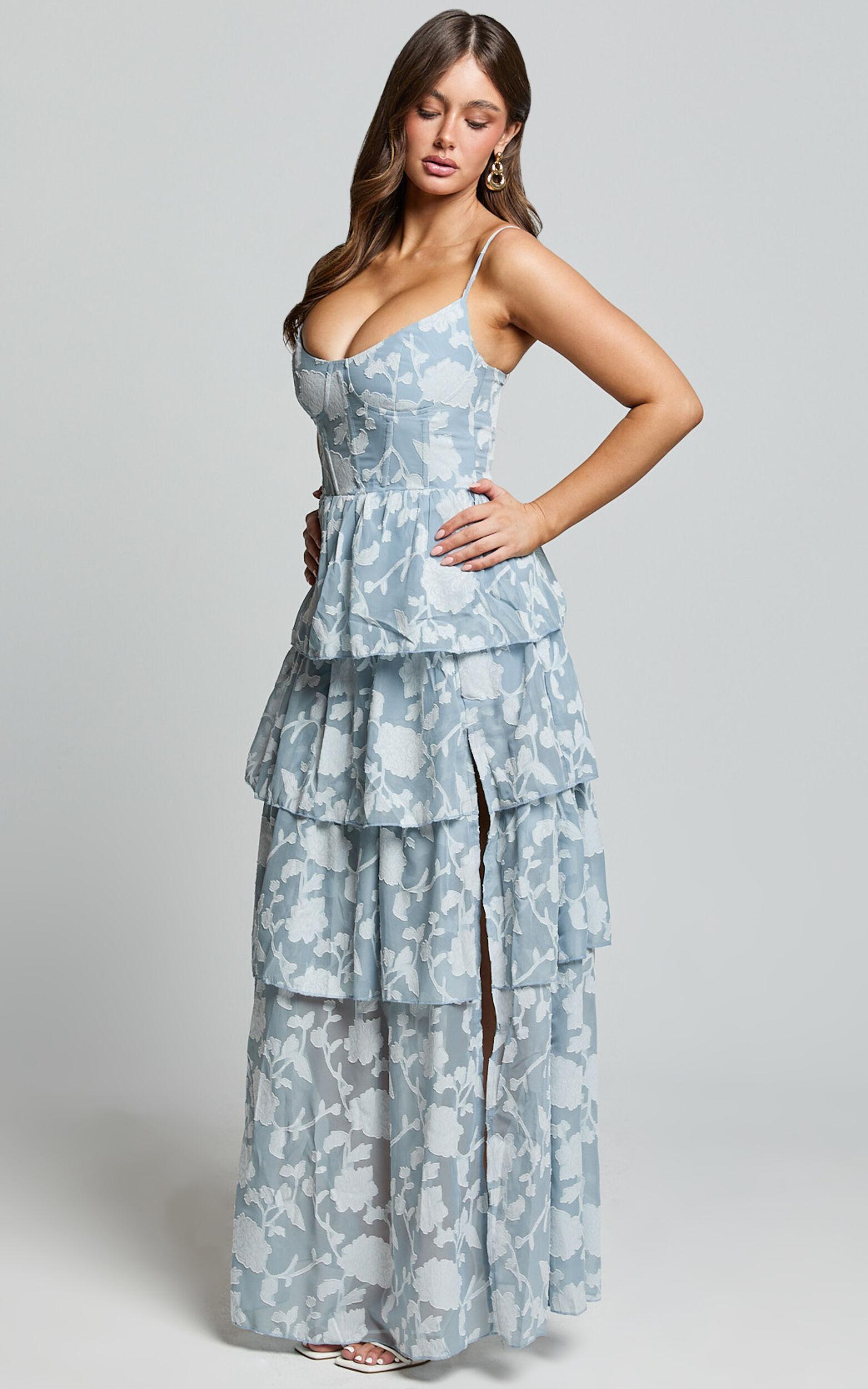 Janezkie Midi Dress - Femme Tiered Jacquard Formal Dress in Light Blue Product Image