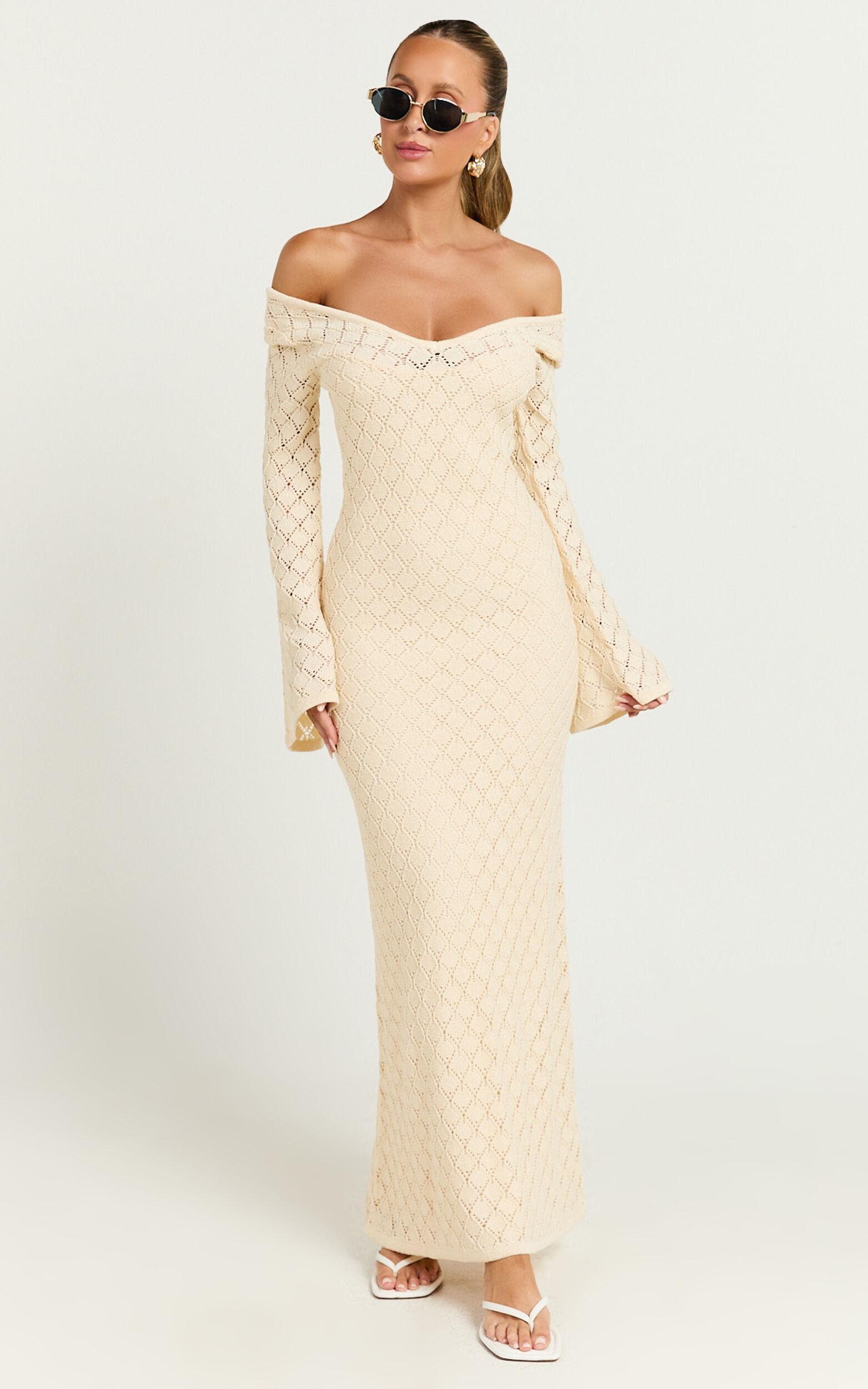 Halsey Maxi Dress - Crochet Scoop Neck Flare Sleeve Dress in Off White Product Image