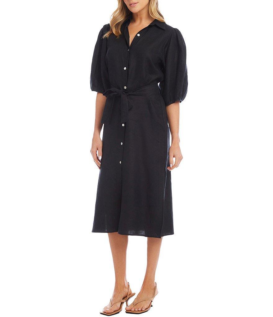 Karen Kane Soft Solid Linen Point Collar Short Puff Sleeve Belted Button Front Shirt Dress Product Image