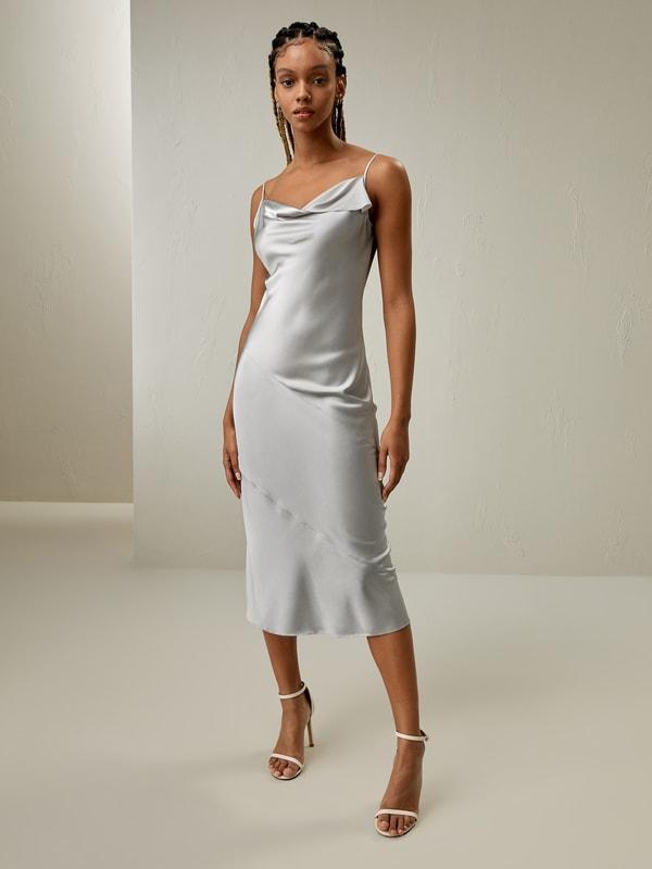 Cowl Neck Oblique-layered Silk Dress Product Image