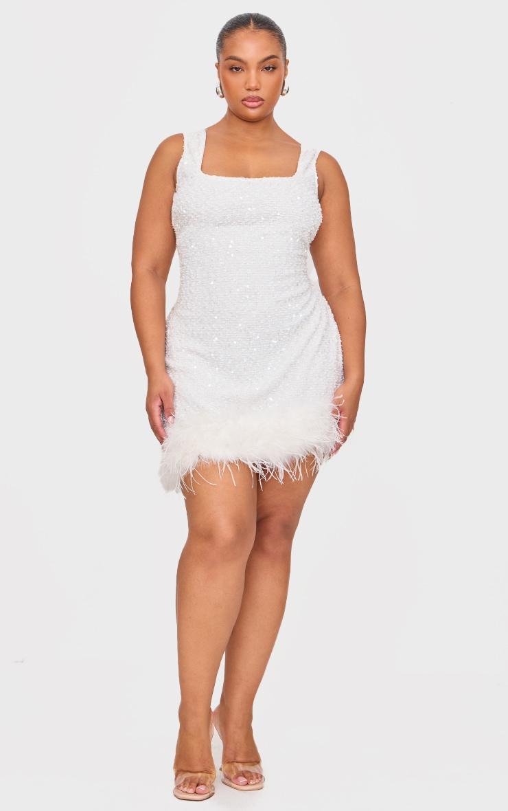 Plus White Sequin Scoop Neck Feather Hem Shift Dress Product Image