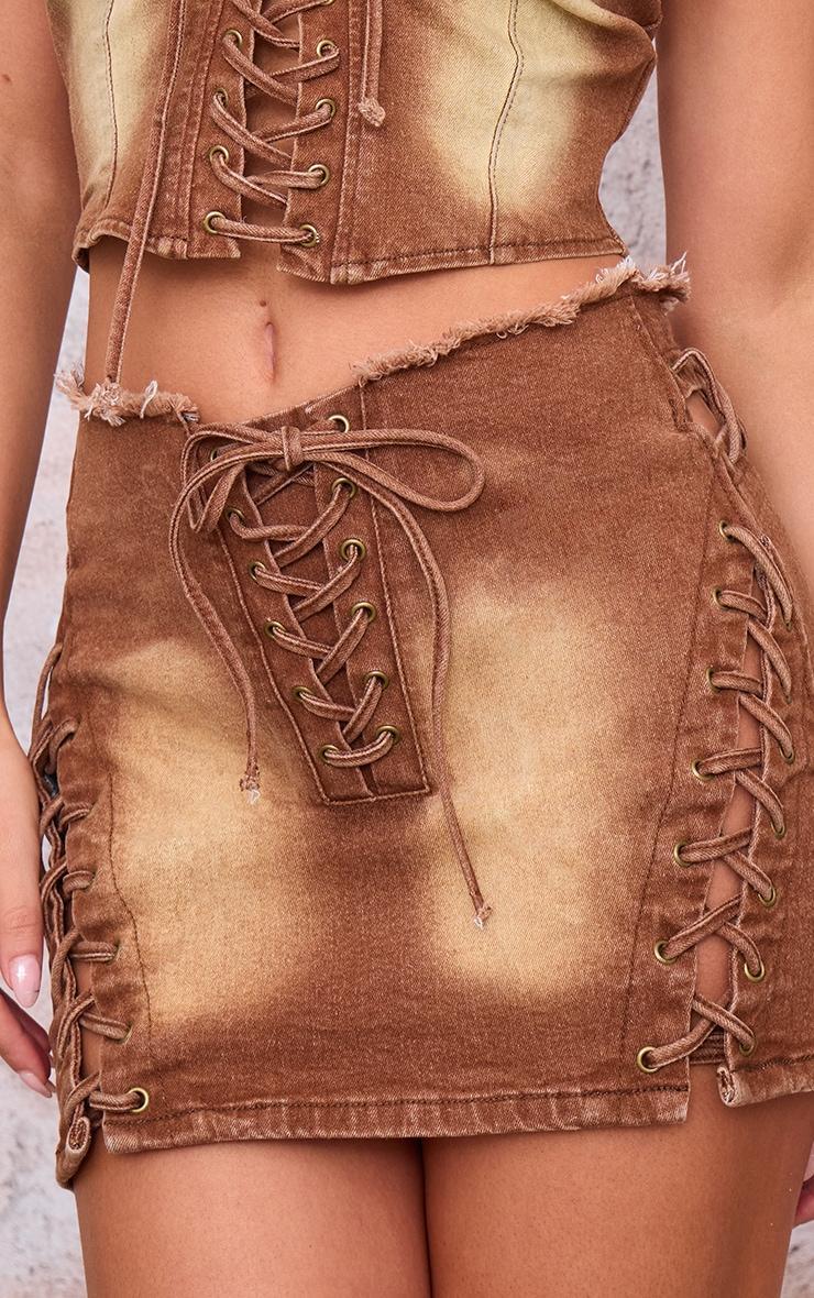 Washed Brown Lace Up Denim Mini Skirt Product Image