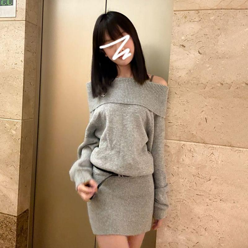 Off Shoulder Plain Mini Sweater Dress Product Image