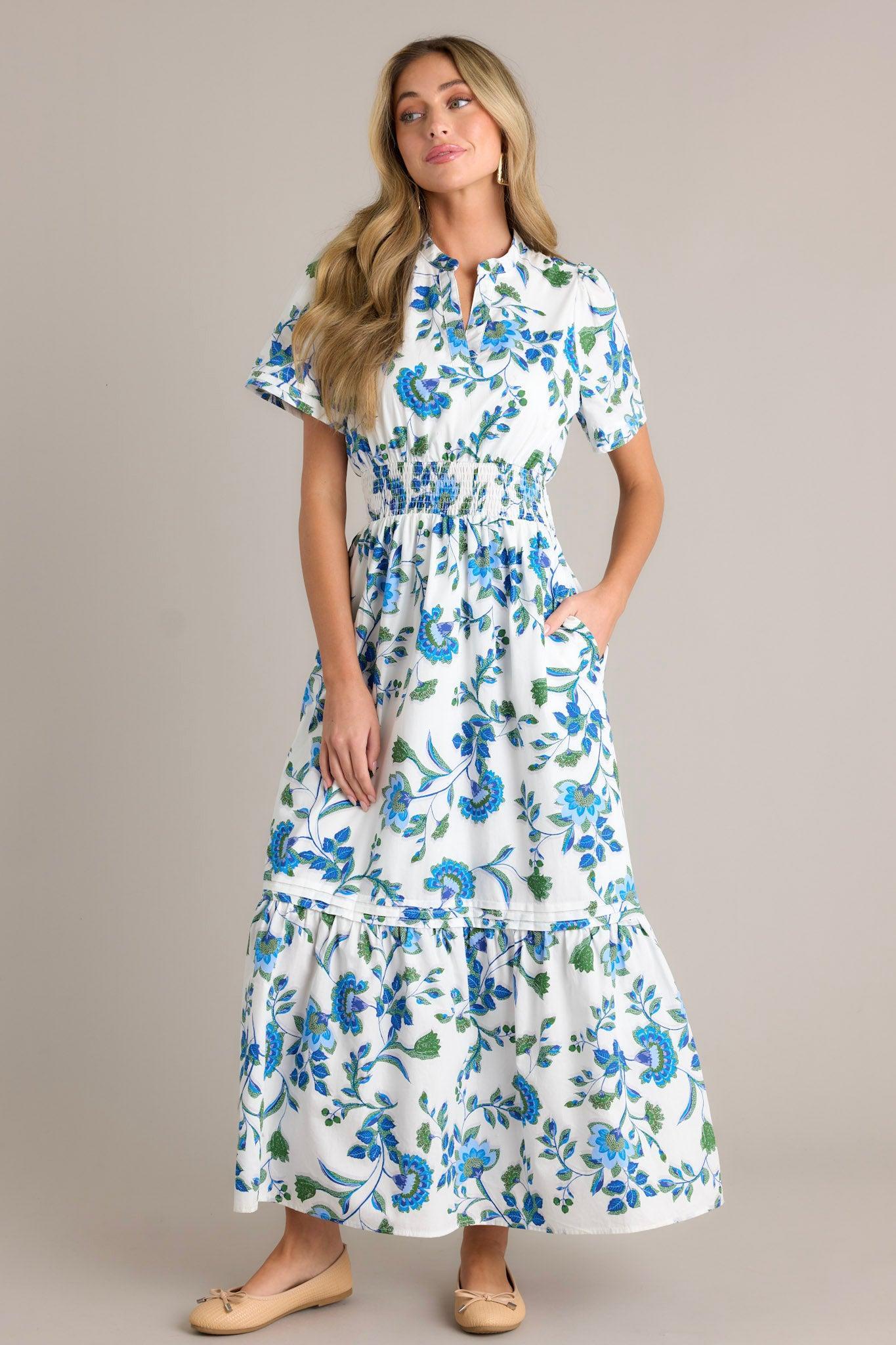 Only Bliss 100% Cotton Blue Floral Maxi Shirt Dress Product Image