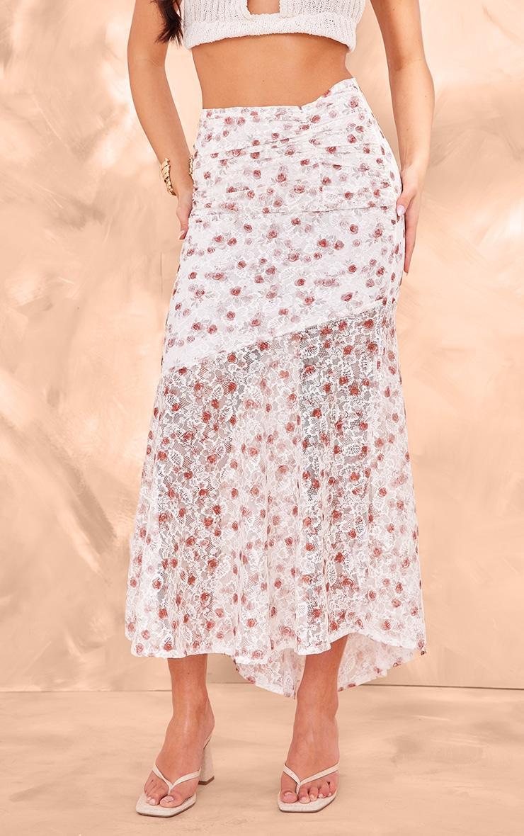 Pink Floral Printed Lace Frill Hem Maxi Skirt Product Image