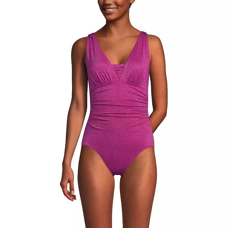 Womens Lands End Grecian Shine SlenderSuit One-Piece Swimsuit Beig/Green Product Image