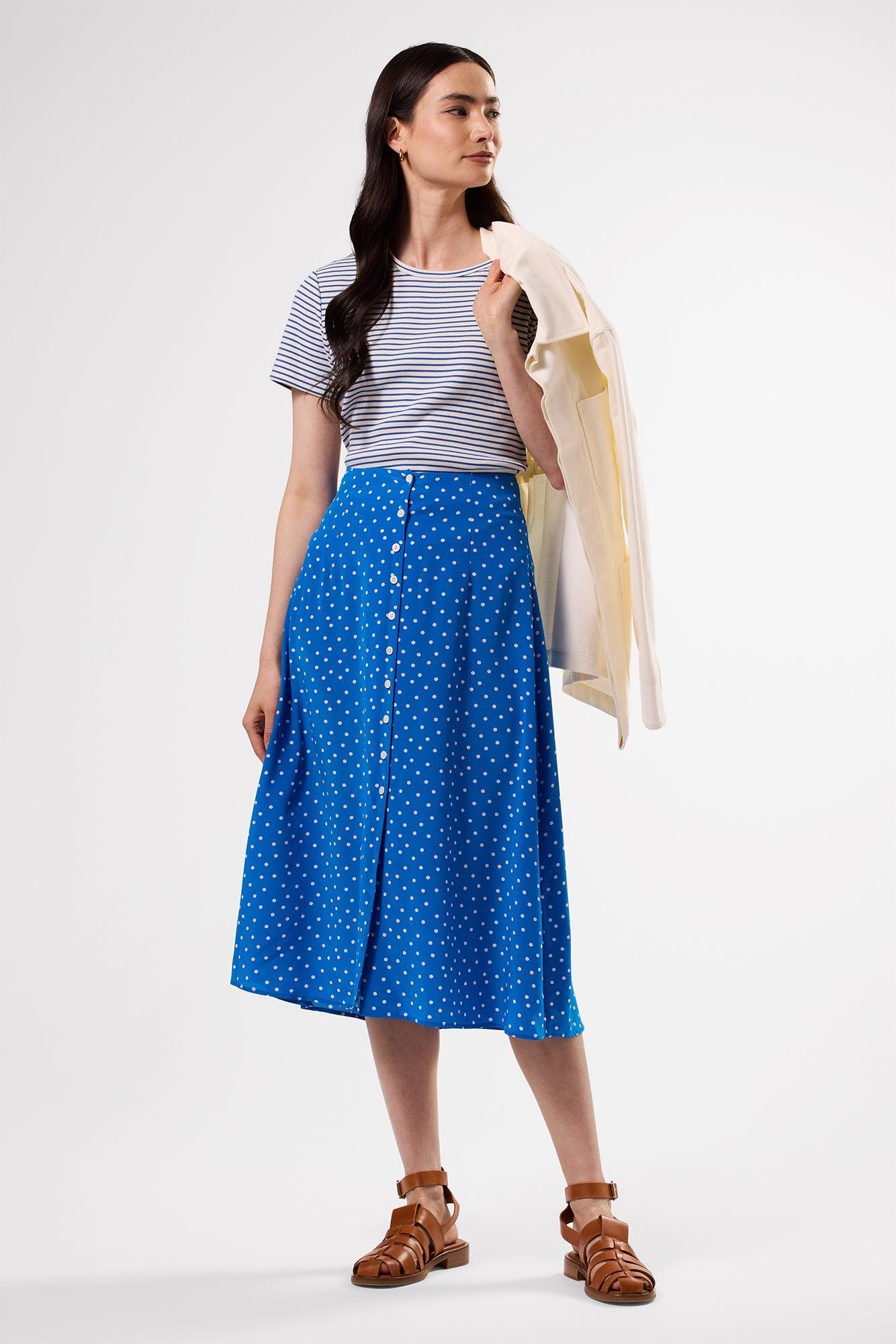 Button Front Washable Silk Skirt - Riviera Dot Turquoise Product Image