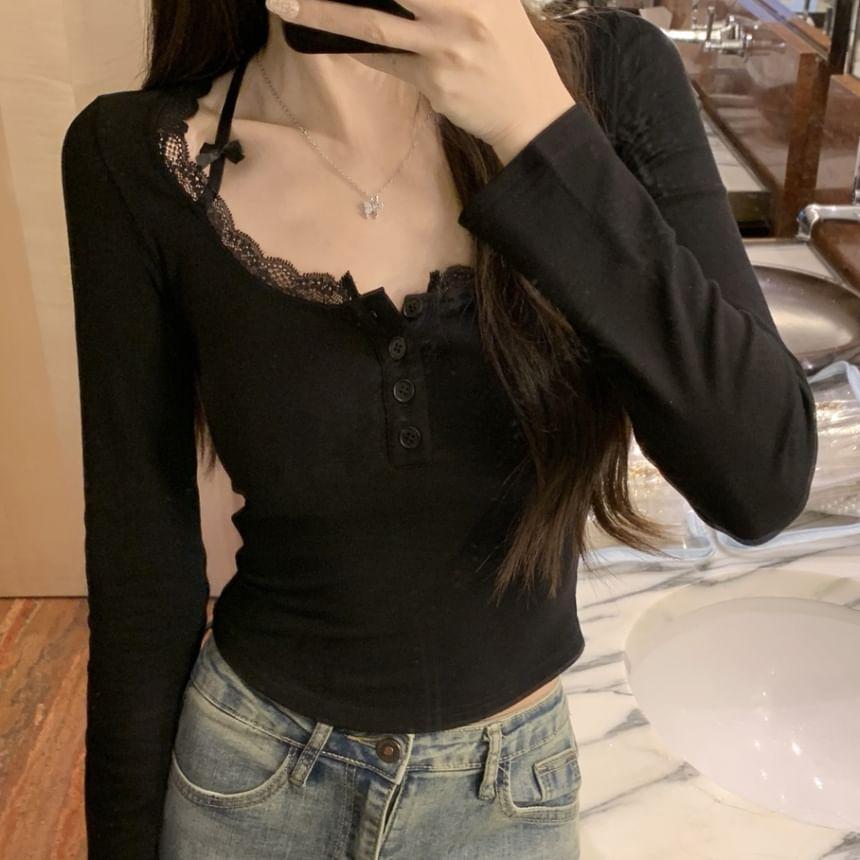 Long Sleeve Henley Plain Bow Lace Trim T-Shirt Product Image