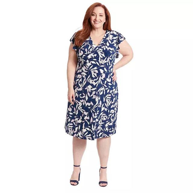 Plus Size London Times Leaf Print Ruffle Sleeve V-Neck Midi Dress, Womens Product Image