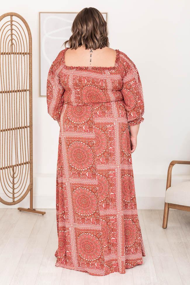 Sounds In My Mind Brick Smocked Bust Off The Shoulder Printed Maxi Dress Product Image