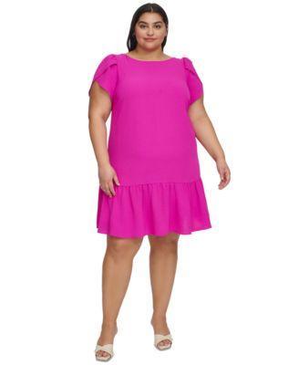 Plus Size Tulip-Sleeve Ruffled-Hem Shift Dress Product Image