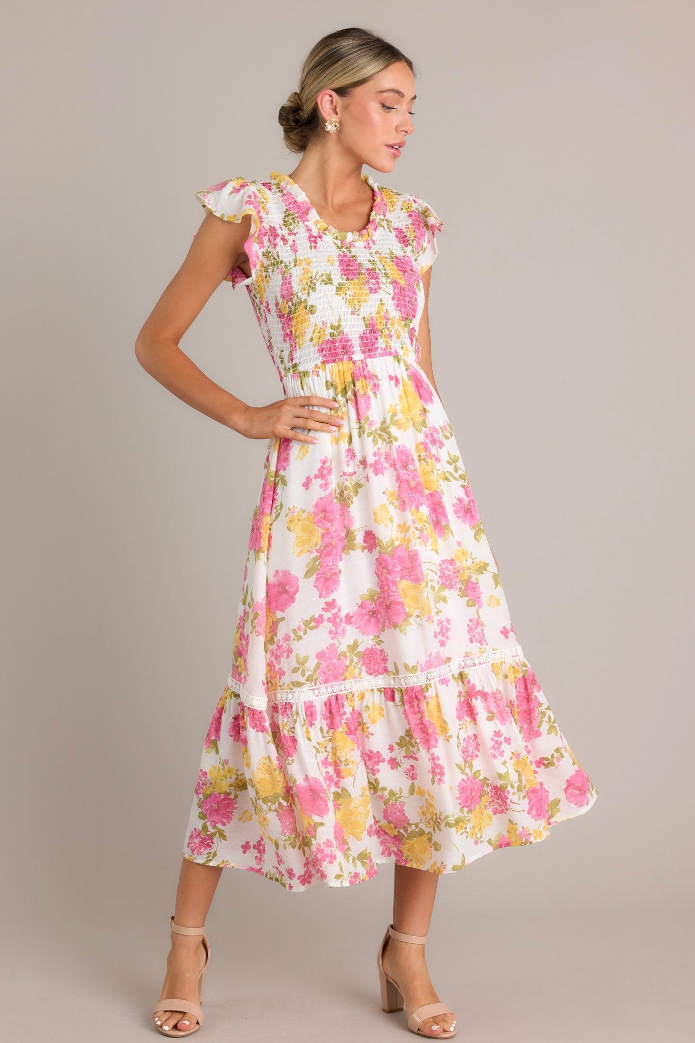 Bloom Burst White Multi Floral Midi Dress Product Image