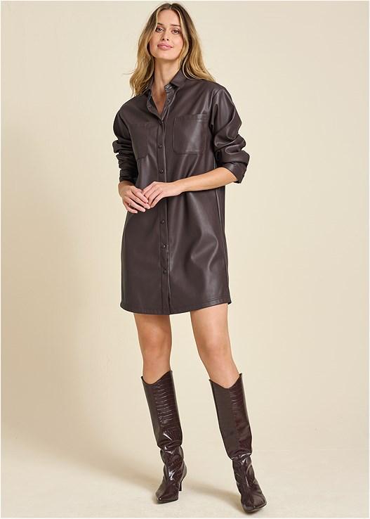 Faux Leather Shirt Dress Product Image