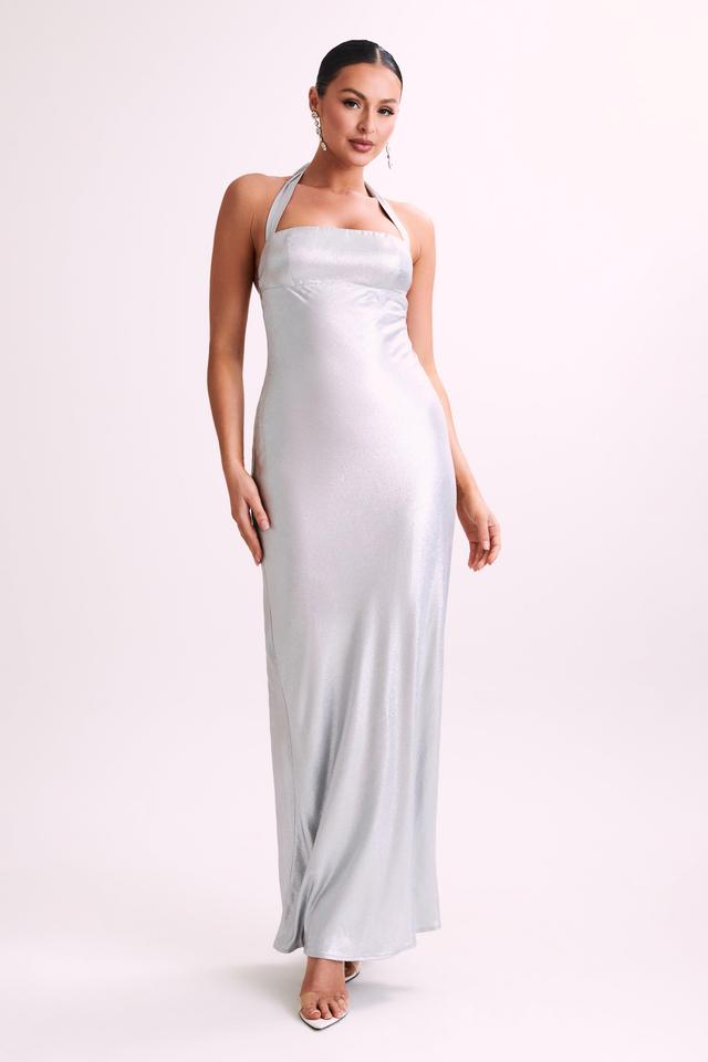 Sabra Satin Halter Maxi Dress - Silver Product Image