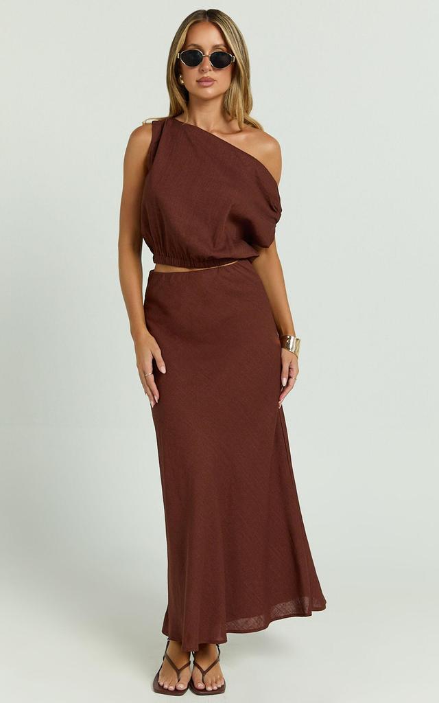 Collins Midi Skirt - Linen Look High Waisted Linen Look Bias Slip Skirt in Chocolate Product Image