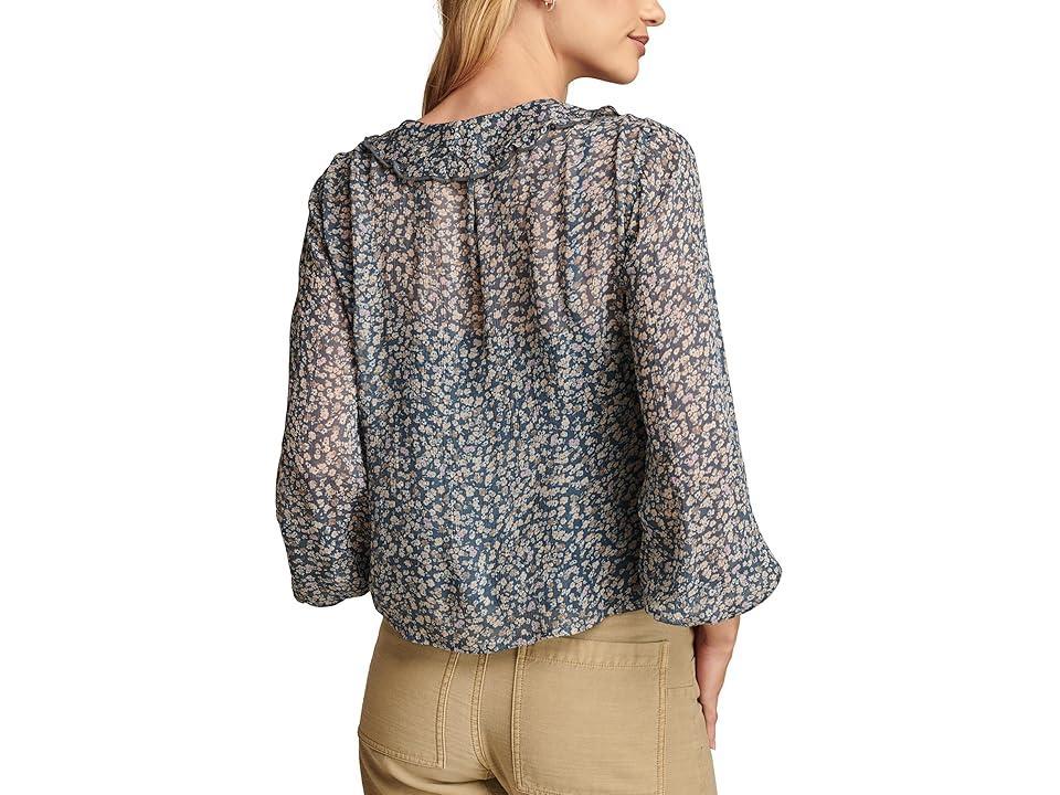 Lucky Brand Long Sleeve Button Front Ruffle Top (Blue Floral) Women's Clothing Product Image