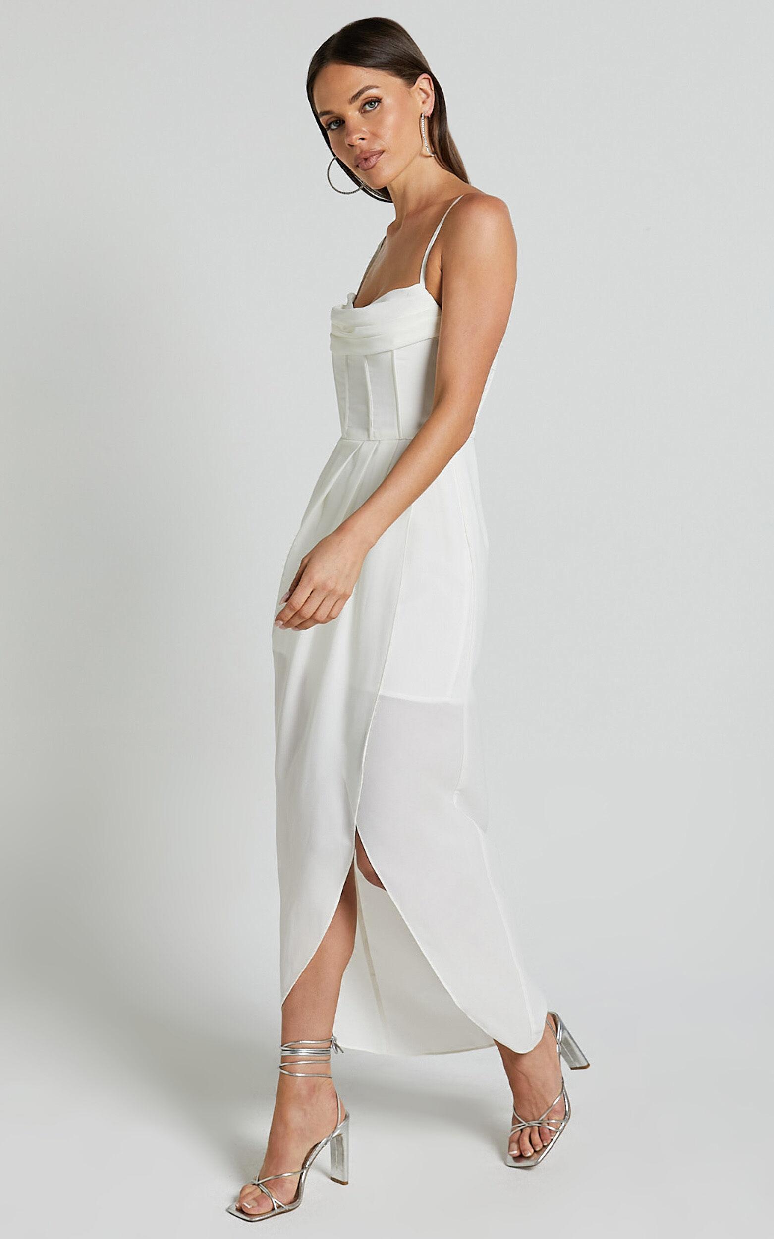 Andrina Midi Dress - High Low Wrap Corset Dress in White Product Image