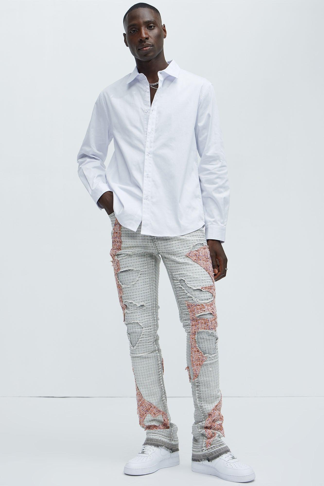 Ripped It And Fixed Stacked Skinny Flared Pants - Grey/combo Product Image