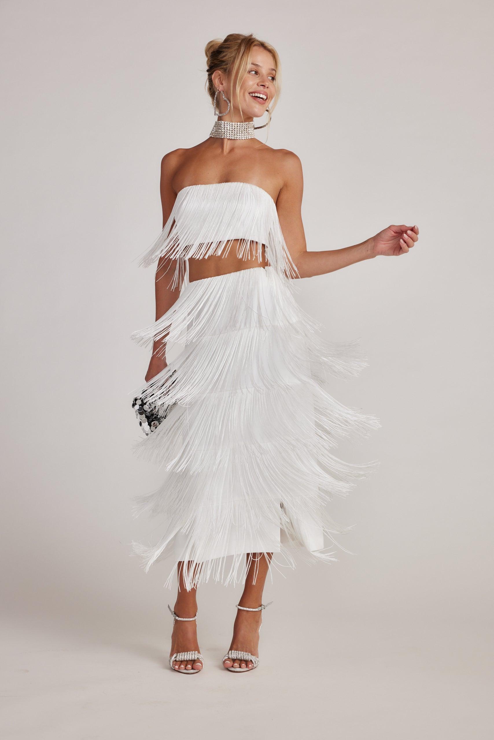 Gatsby White Fringe Midi Skirt Product Image