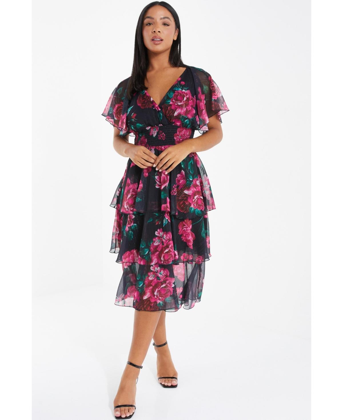 Quiz Womens Floral Printed Chiffon Glitter Tiered Midi Dress Product Image