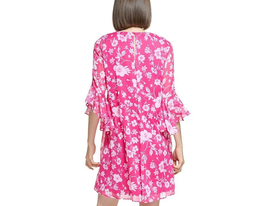 Calvin Klein Chiffon Print Bell Sleeve Dress (Hibiscus White) Women's Dress Product Image