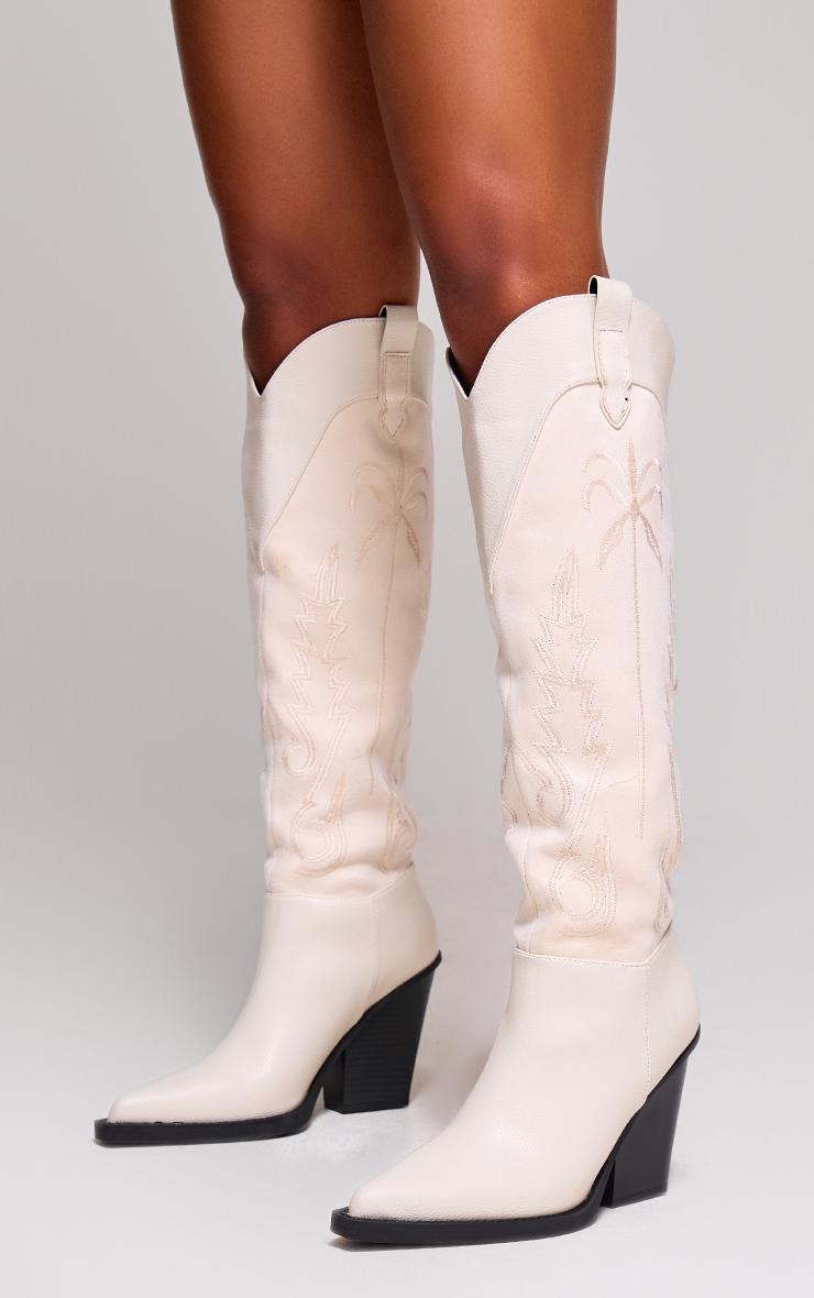 Cream Faux Suede Knee High Stitch Block Heel Western Boots product image