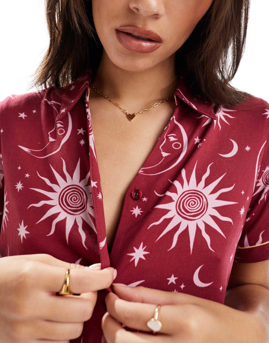 Chelsea Peers Exclusive moon and star print short sleeve revere and short pajama set in cherry red Product Image