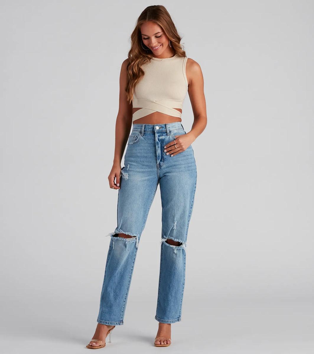 High-Rise Distressed Boyfriend Jeans product image