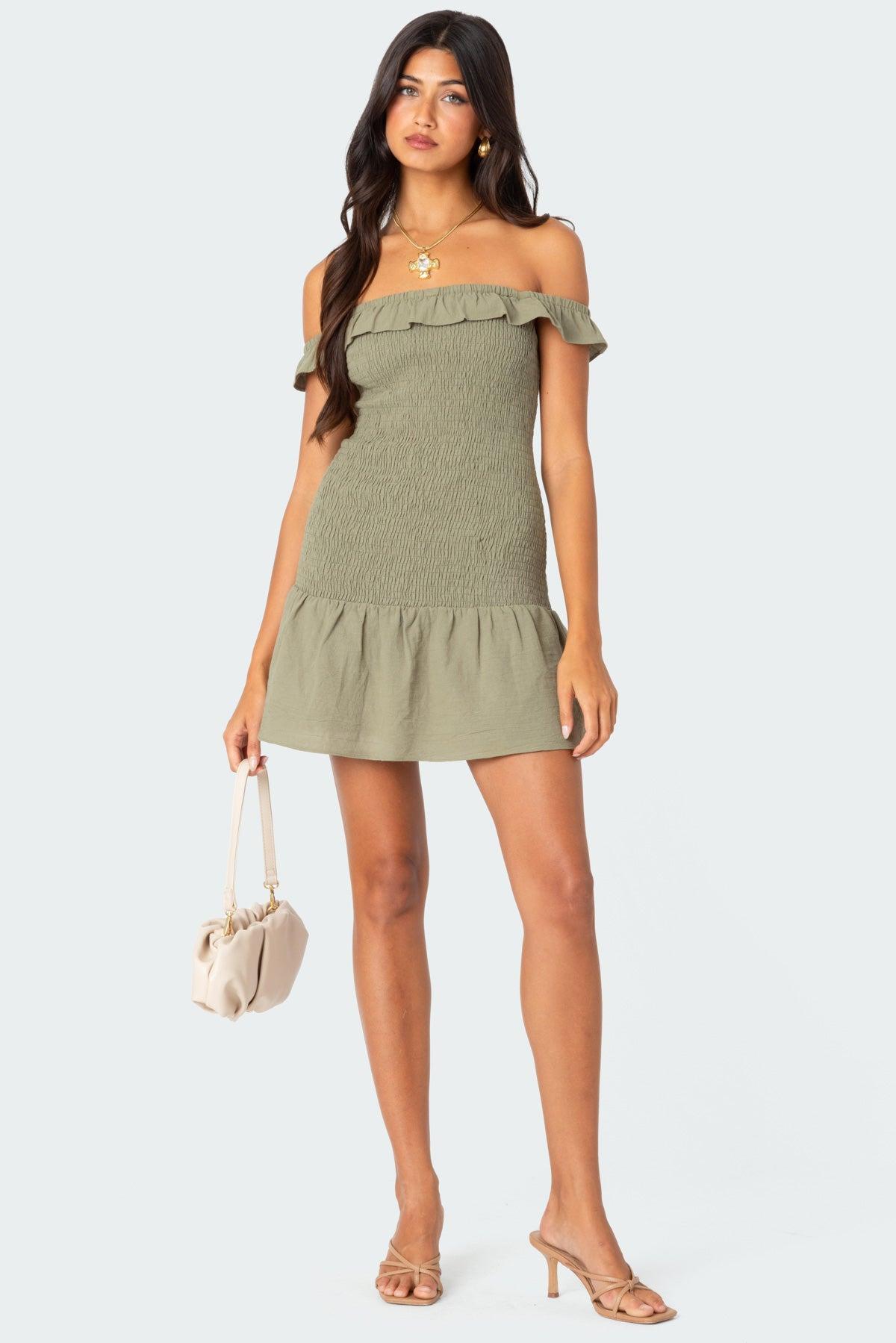 Off Shoulder Scrunched Linen Look Mini Dress Product Image