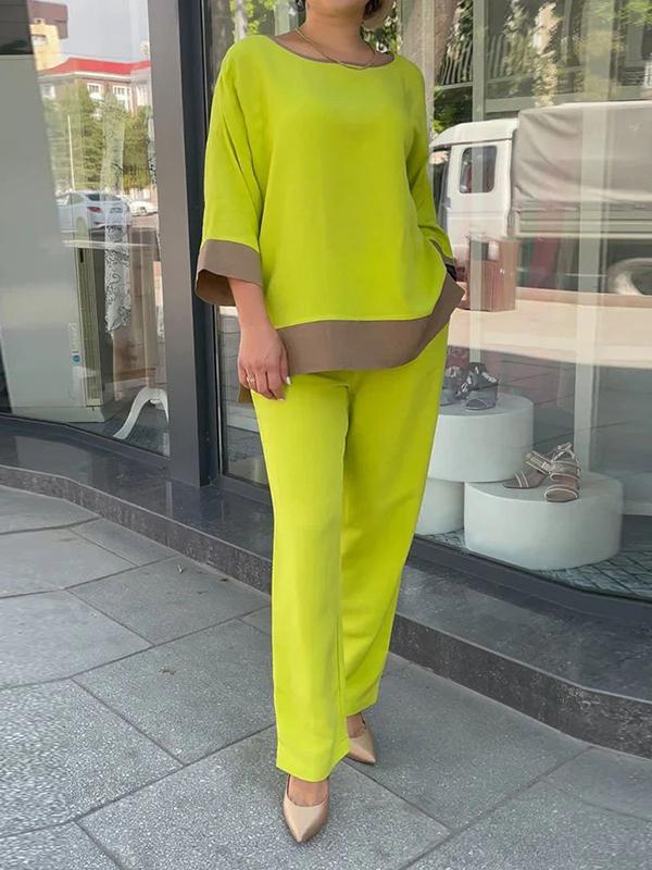 Loose Contrast Color Three-Quarter Sleeves Split-Side Round-Neck Shirts Top + Pants Bottom Two Pieces Set Product Image