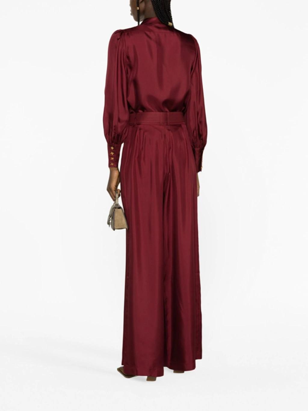 ZIMMERMANN Luminosity Belted Wide-leg Silk Pants In Burgundy Product Image