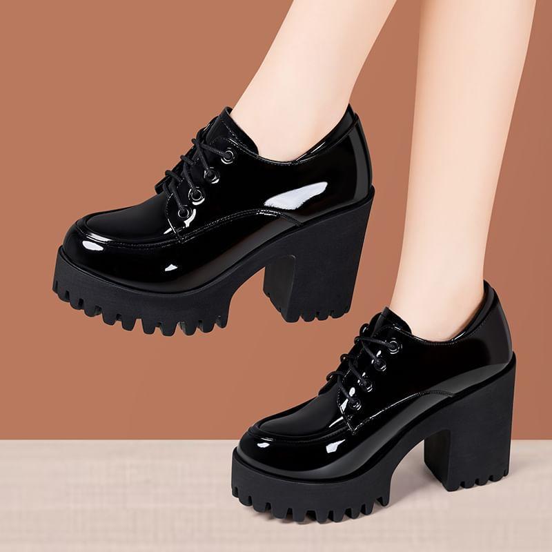 Block Heel Faux Leather Lace-Up Shoes (Various Designs) Product Image