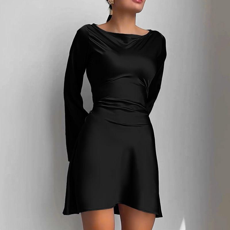 Long Sleeve Round Neck Plain Satin Mini A-Line Dress Product Image