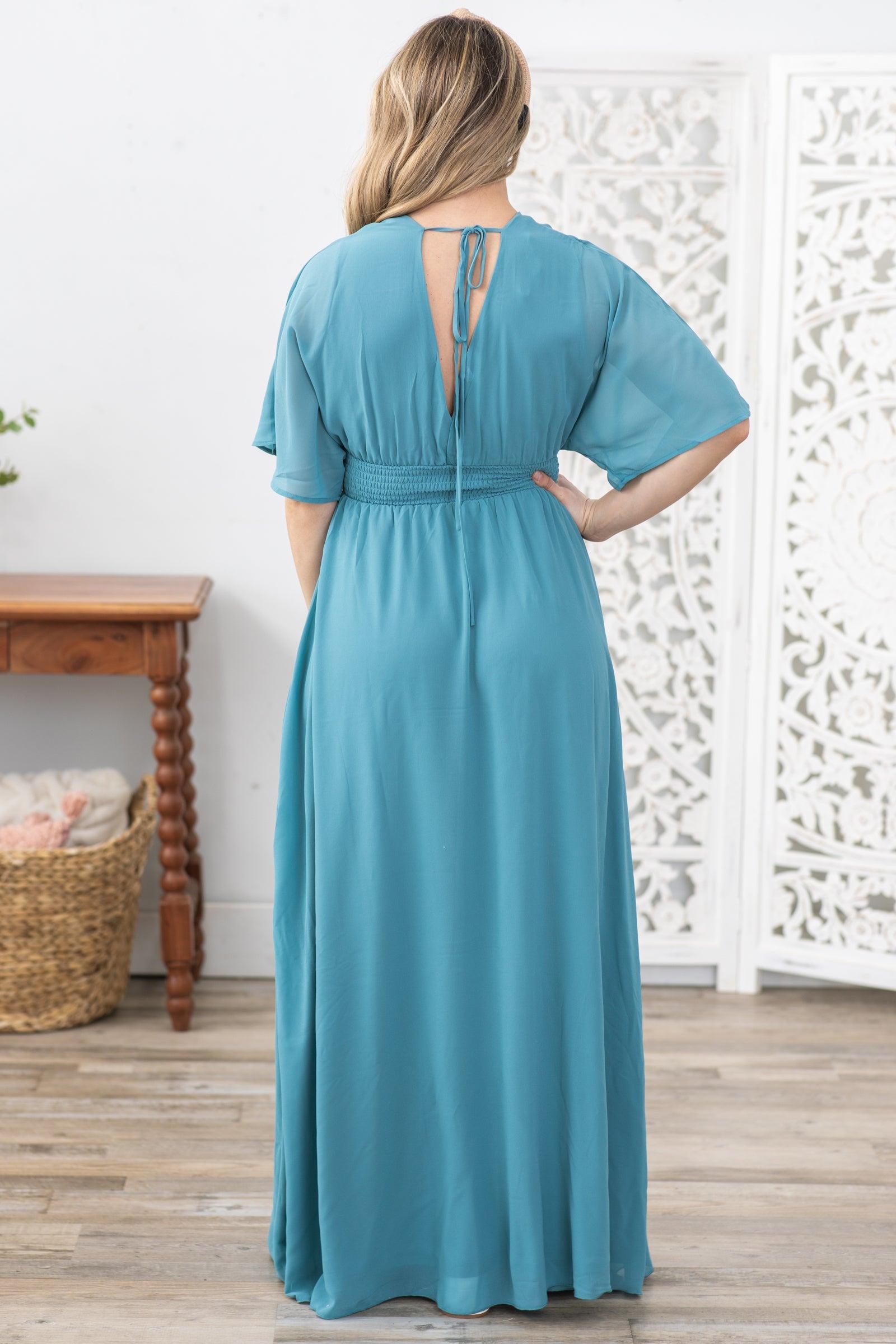 Dusty Teal Leg Slit Maxi Dress Product Image