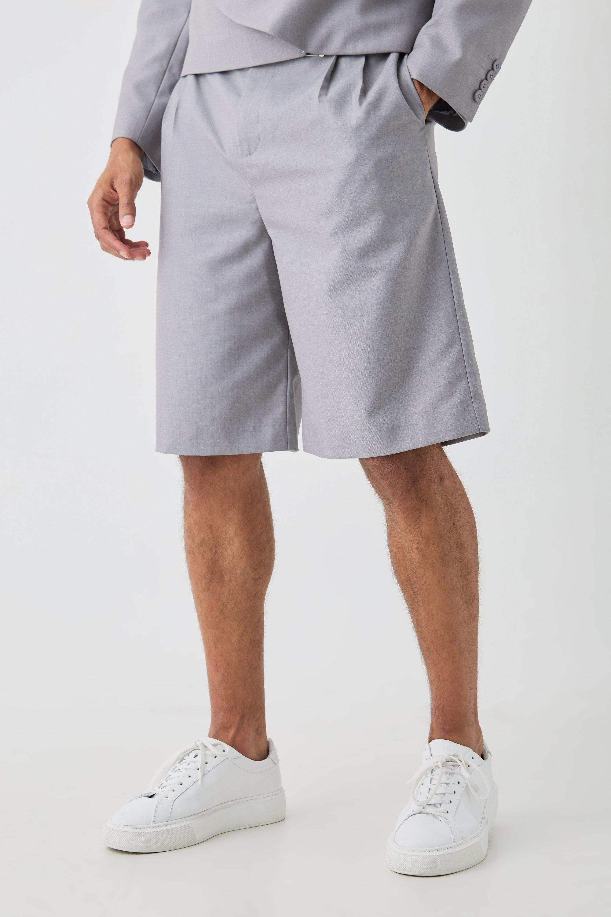 Fixed Waistband Tailored Pleated Jorts In Grey | boohooMAN USA Product Image