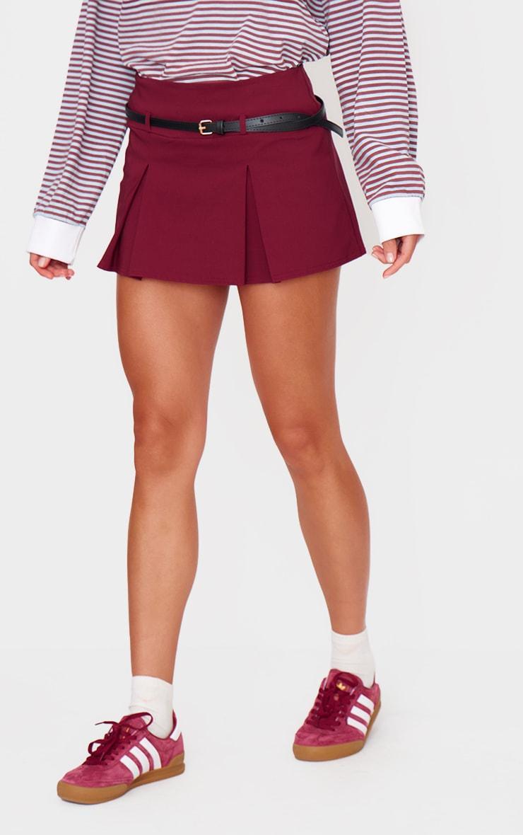 Burgundy Stretch Woven Low Rise Belted Skort Product Image