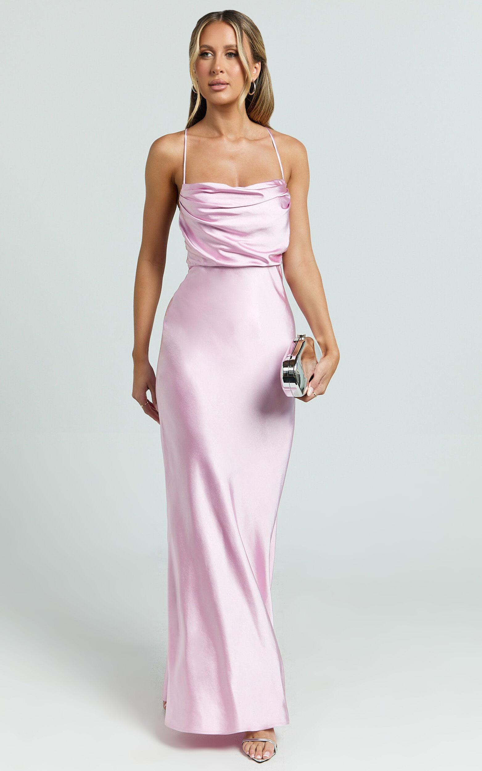 Hanna Maxi Dress - Satin Cowl Neck Low Back Dress in Pink Product Image