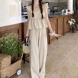 Maternity Set: Cap-Sleeve Plain Blouse + High Rise Wide Leg Pants Product Image