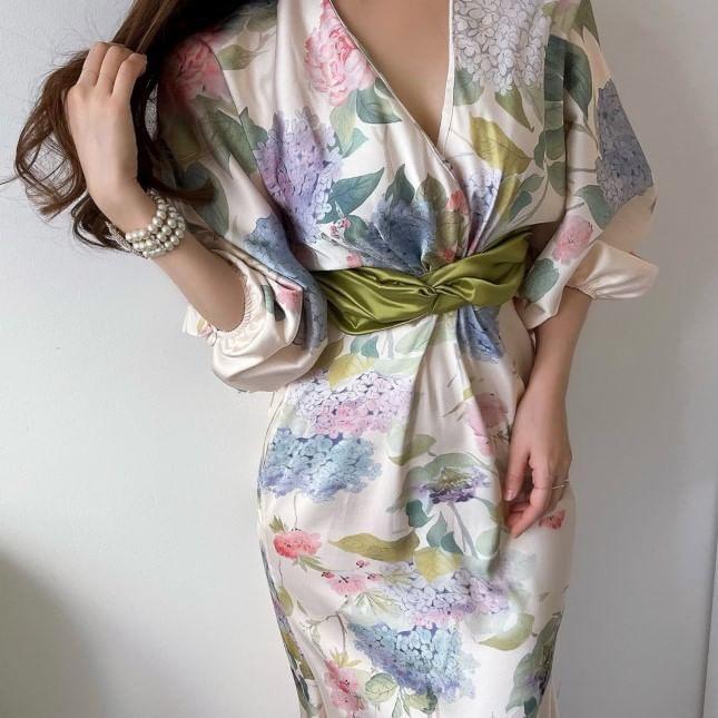 Balloon Sleeve V-Neck Floral Print Maxi Mermaid Wrap Dress Product Image