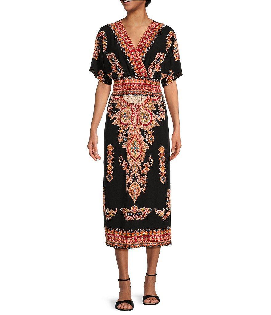 Calessa Jersey Knit Border Print Surplice V-Neck Short Sleeve Smocked Waist Midi Dress Product Image