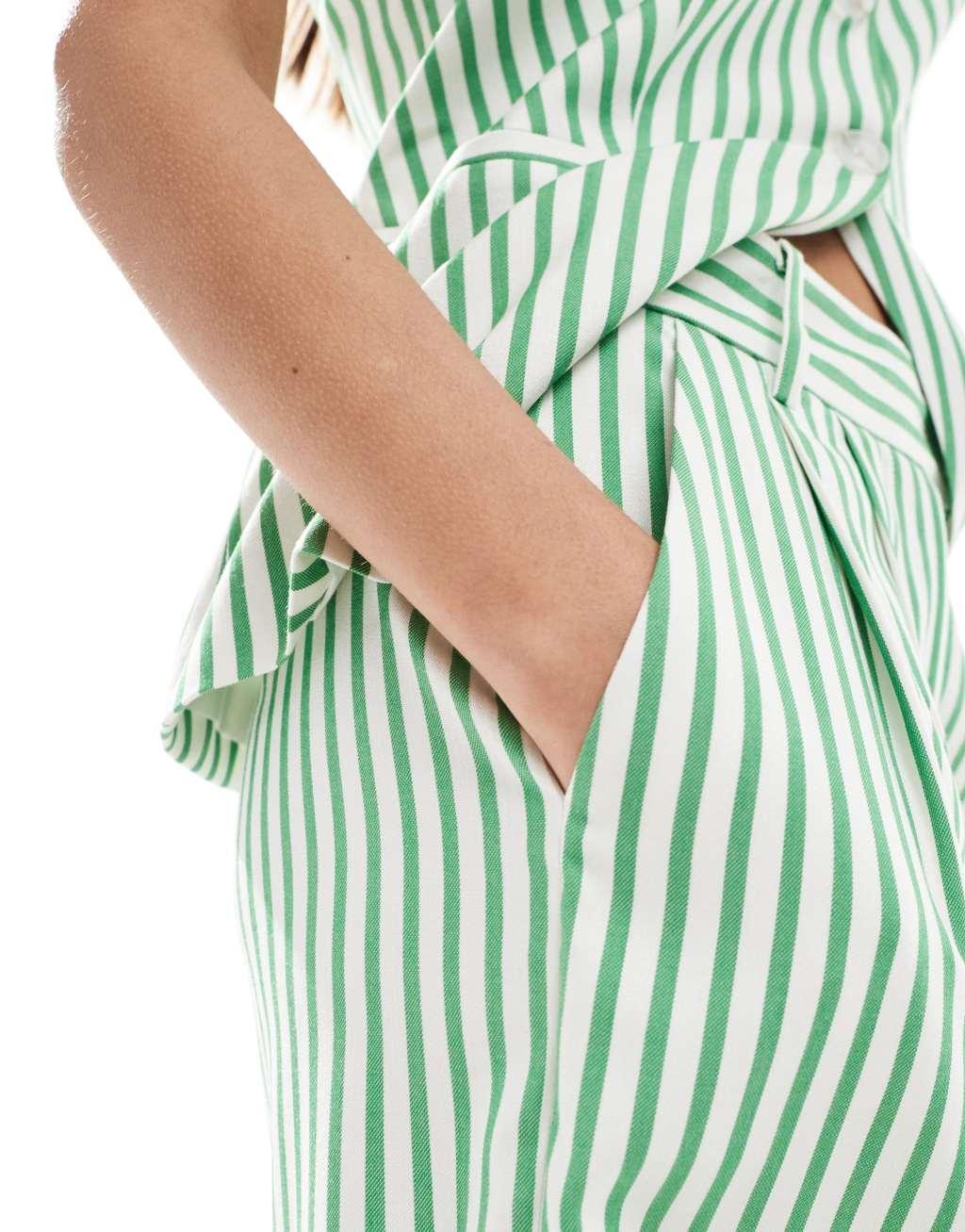 ASOS DESIGN longline high waist tailored shorts in green stripe - part of a set Product Image