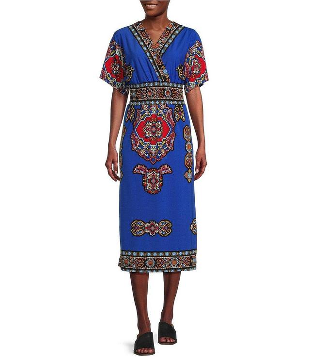 Calessa Multi Print V-Neck Short Sleeve Midi Dress Product Image