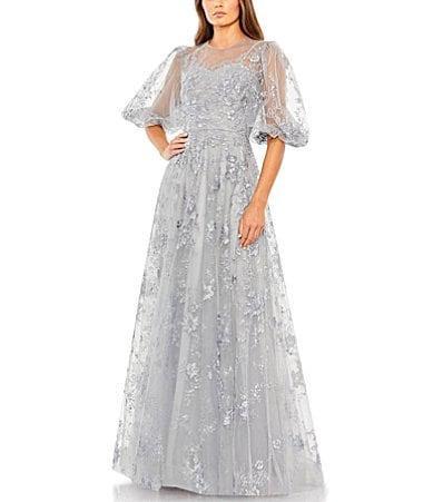 Womens Embroidered Illusion High-Neck Puff-Sleeve A-Line Gown Product Image