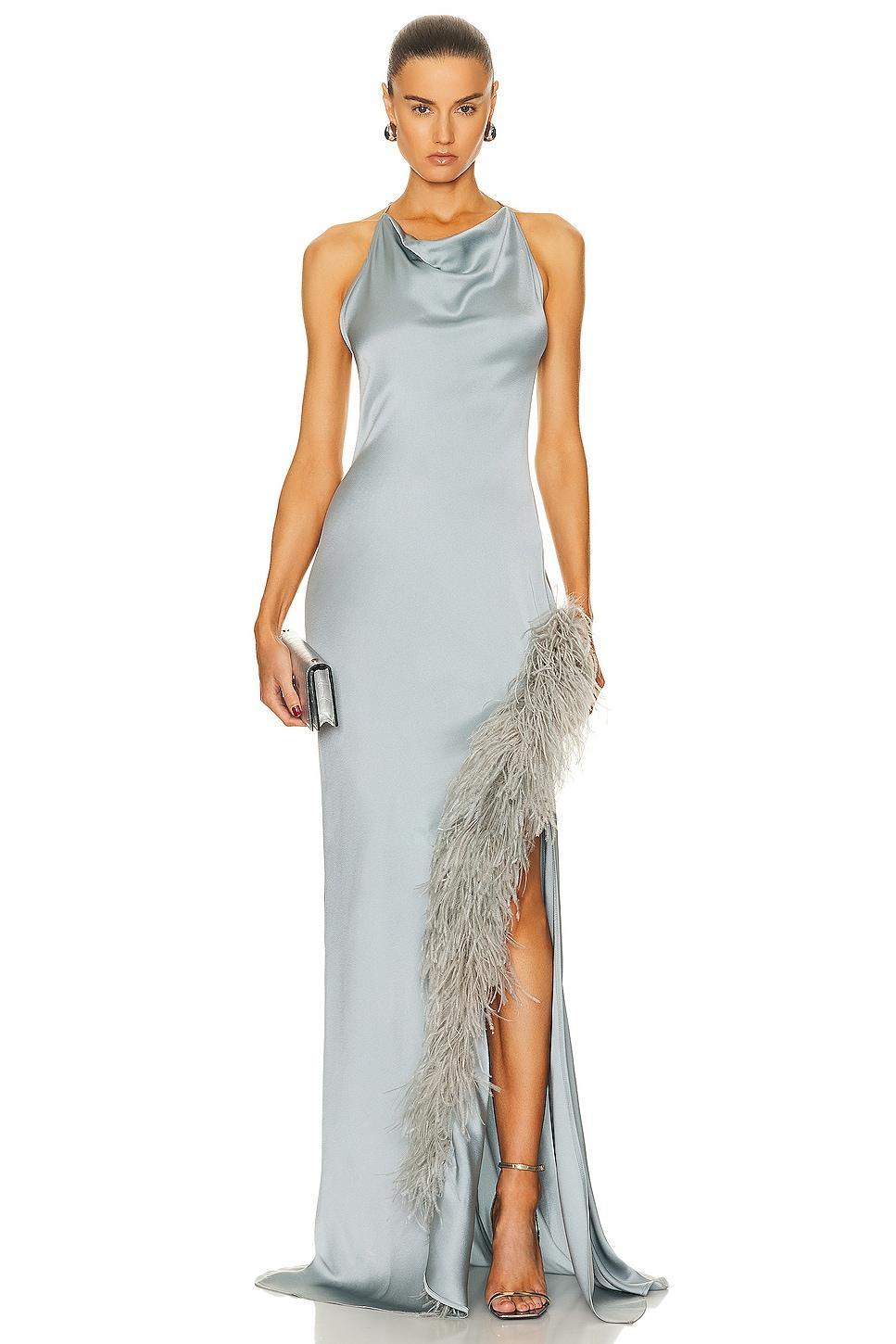 Lapointe Doubleface Satin Halter Cowl Neck Ostrich Gown in Metallic Silver Product Image