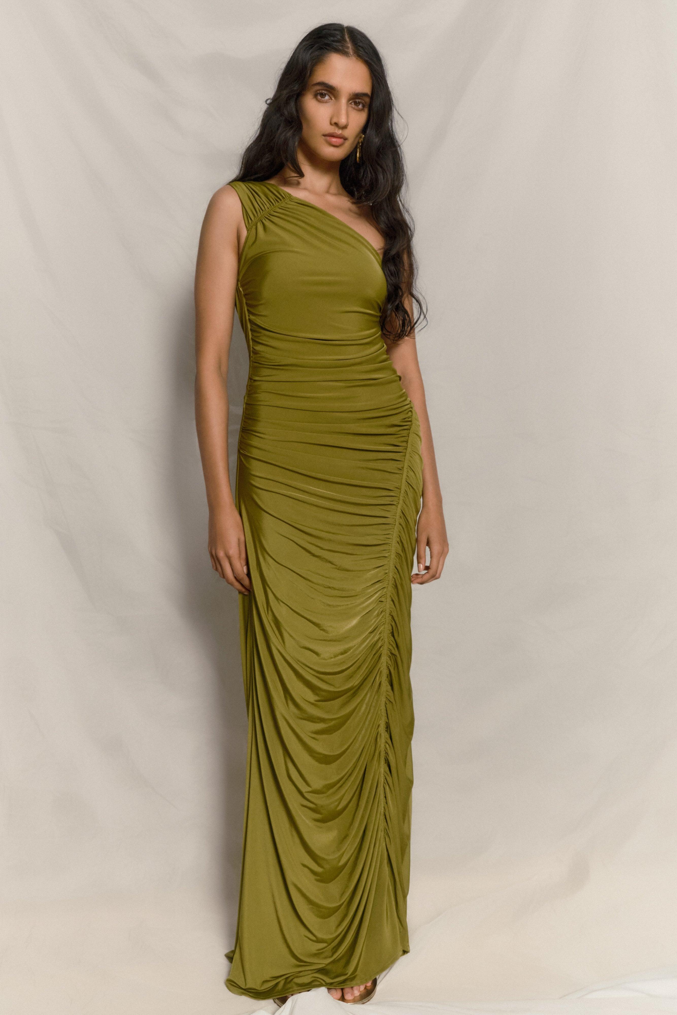 Capri Gathered Slinky Maxi Dress - Vintage Olive product image