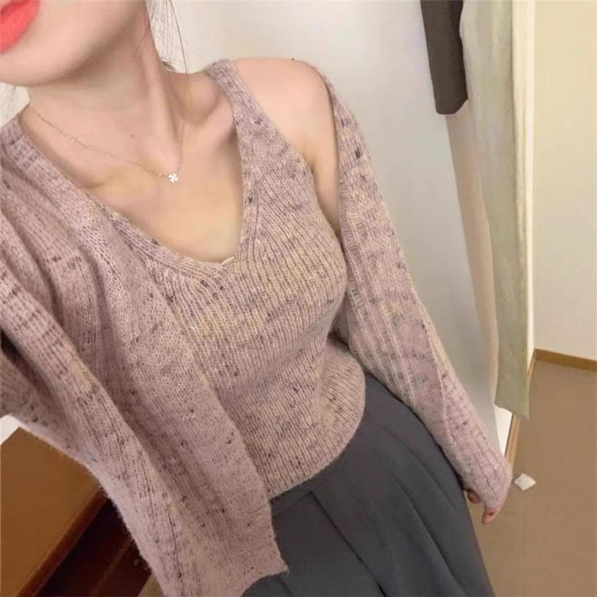 Set: V-Neck Melange Ribbed Knit Tank Top + Cardigan Product Image